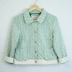 Cartonnier Green Denim Style Jacket, White Floral Lace Overlay, Women M